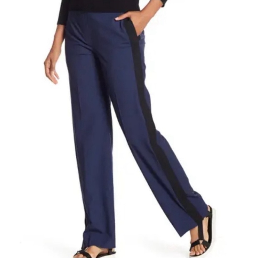 Theory Snap Side Wool Blue and Black Wide-Leg Trousers